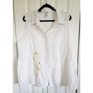 Richard Malcolm 2X Irish Linen White Sleeveless Button Front Shirt Yellow Daisy‎